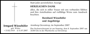 Traueranzeige von Irmgard Wiesehöfer von Tageszeitung