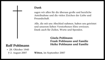 Traueranzeige von Rolf Pohlmann von Tageszeitung