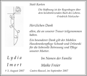 Traueranzeige von Lydia Imort von Tageszeitung