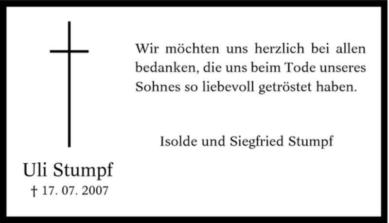  Traueranzeige für Uli Stumpf vom 01.09.2007 aus Tageszeitung