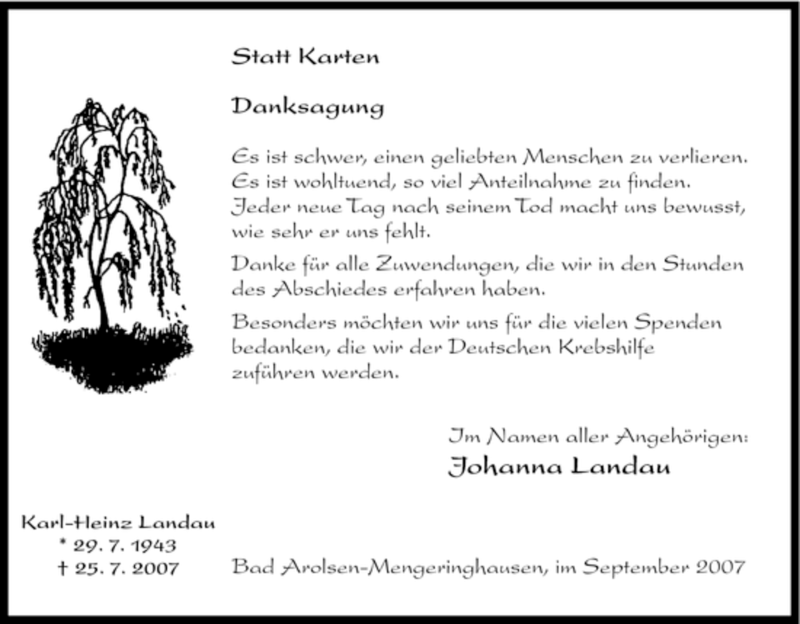  Traueranzeige für Karl-Heinz Landau vom 01.09.2007 aus Tageszeitung