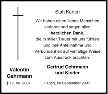 Traueranzeige von Valentin Gehrmann von Tageszeitung