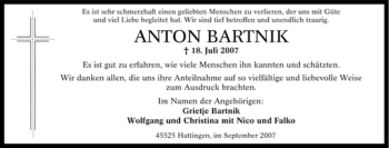 Traueranzeige von Anton Bartnik von Tageszeitung