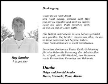 Traueranzeige von Roy Sander von Tageszeitung