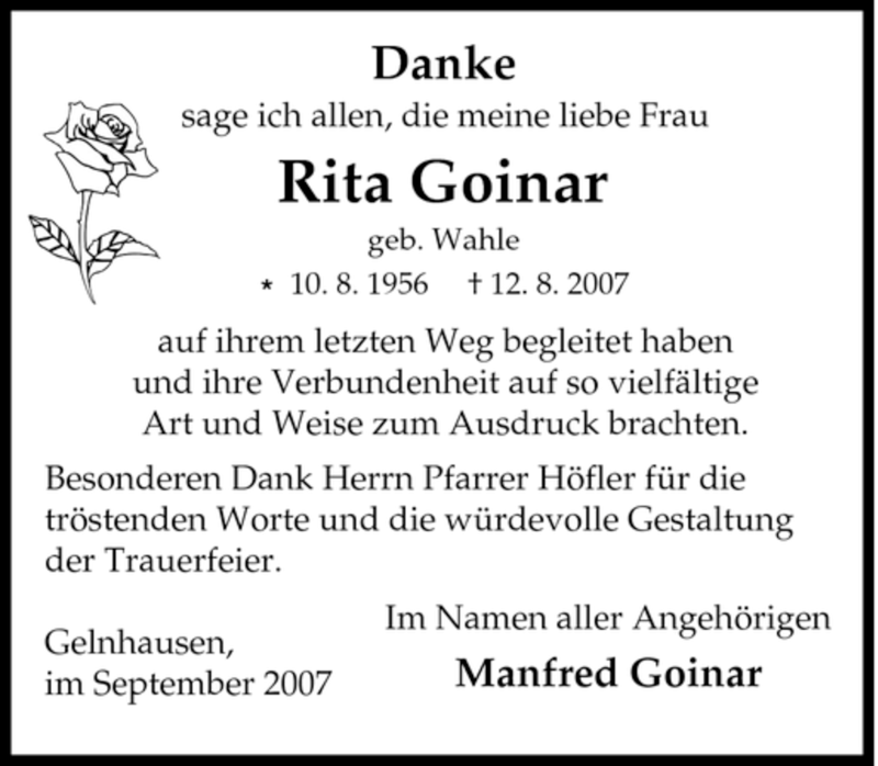  Traueranzeige für Rita Goinar vom 01.09.2007 aus Tageszeitung