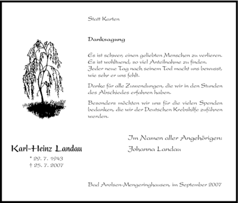  Traueranzeige für Karl-Heinz Landau vom 01.09.2007 aus Tageszeitung