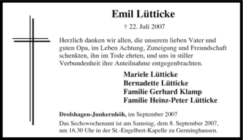 Traueranzeige von Emil Lütticke von Tageszeitung