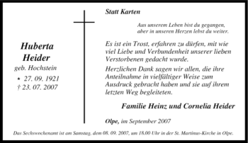 Traueranzeige von Huberta Heider von Tageszeitung