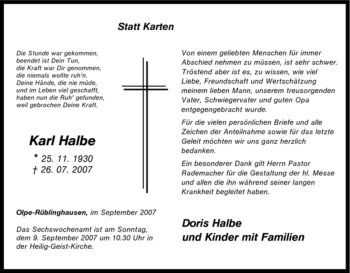 Traueranzeige von Karl Halbe von Tageszeitung