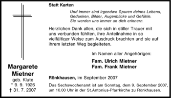 Traueranzeige von Margarete Mietner von Tageszeitung