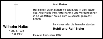 Traueranzeige von Wilhelm Halbe von Tageszeitung