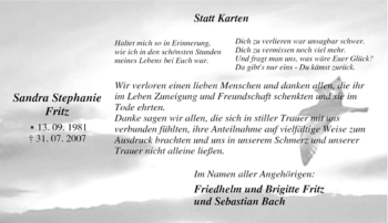 Traueranzeige von Sandra Stephanie Fritz von Tageszeitung