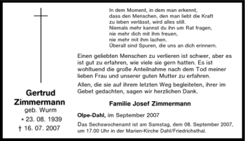 Traueranzeige von Gertrud Zimmermann von Tageszeitung