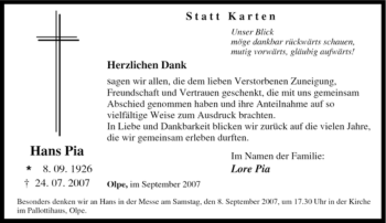 Traueranzeige von Hans Pia von Tageszeitung