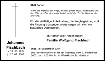 Traueranzeige von Johannes Fischbach von Tageszeitung
