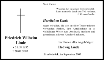 Traueranzeige von Friedrich Wilhelm Linde von Tageszeitung