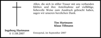 Traueranzeige von Ingeborg Hartmann von Tageszeitung