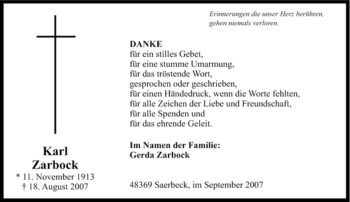 Traueranzeige von Karl Zarbock von Tageszeitung
