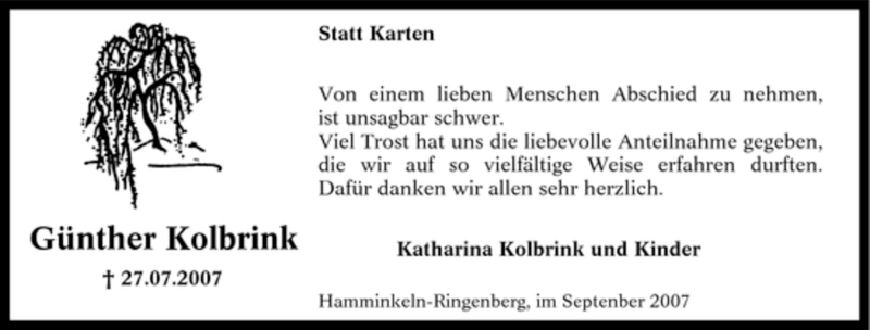  Traueranzeige für Günther Kolbrink vom 05.09.2007 aus Tageszeitung