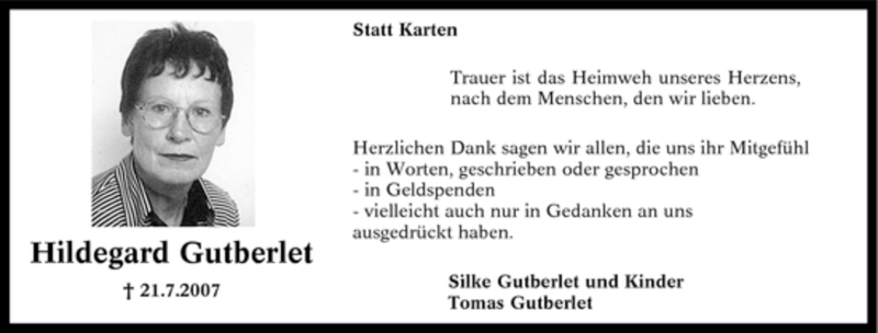  Traueranzeige für Hildegard Gutberlet vom 05.09.2007 aus Tageszeitung