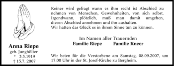 Traueranzeige von Anna Riepe von Tageszeitung