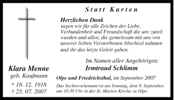 Traueranzeige von Klara Menne von Tageszeitung