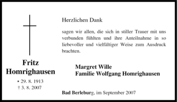Traueranzeige von Fritz Homrighausen von Tageszeitung