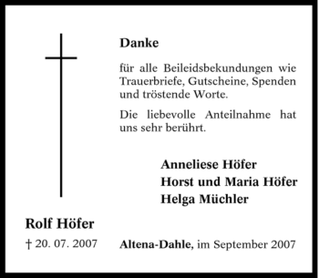 Traueranzeige von Rolf Höfer von Tageszeitung
