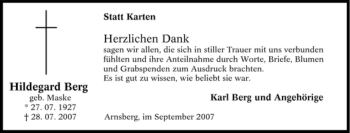 Traueranzeige von Hildegard Berg von Tageszeitung