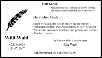 Traueranzeige von Willi Wahl von Tageszeitung