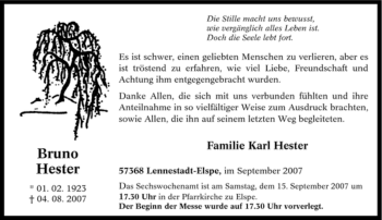 Traueranzeige von Bruno Hester von Tageszeitung
