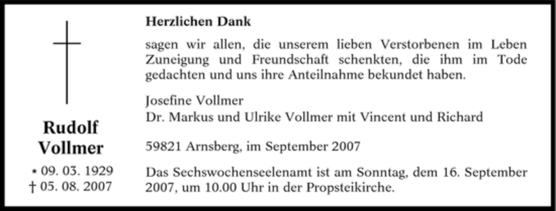  Traueranzeige für Rudolf Vollmer vom 08.09.2007 aus Tageszeitung