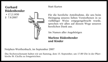 Traueranzeige von Gerhard Büdenbender von Tageszeitung