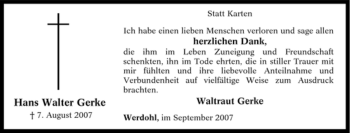 Traueranzeige von Hans Walter Gerke von Tageszeitung