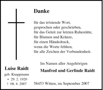 Traueranzeige von Luise Raidt von Tageszeitung