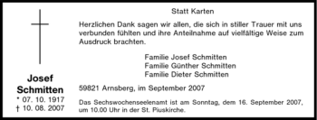 Traueranzeige von Josef Schmitten von Tageszeitung