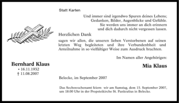 Traueranzeige von Bernhard Klaus von Tageszeitung