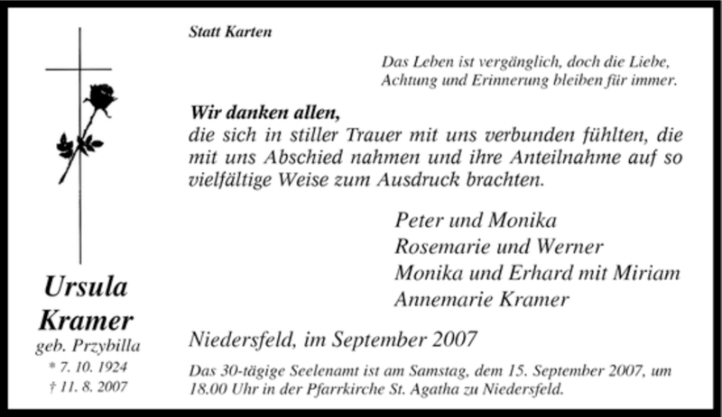  Traueranzeige für Ursula Kramer vom 08.09.2007 aus Tageszeitung