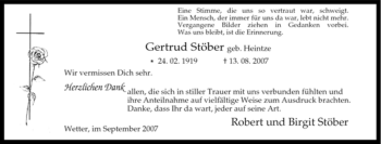 Traueranzeige von Gertrud Stöber von Tageszeitung