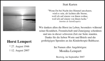 Traueranzeige von Horst Lempert von Tageszeitung