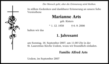 Traueranzeige von Marianne Arts von Tageszeitung