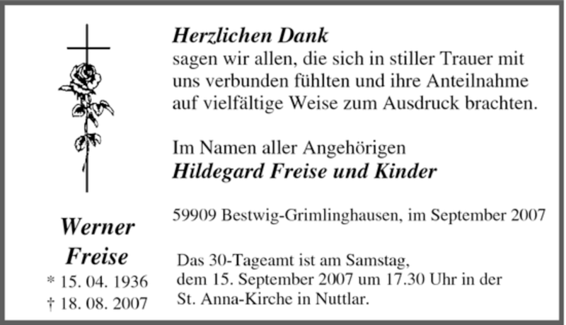  Traueranzeige für Werner Freise vom 08.09.2007 aus Tageszeitung