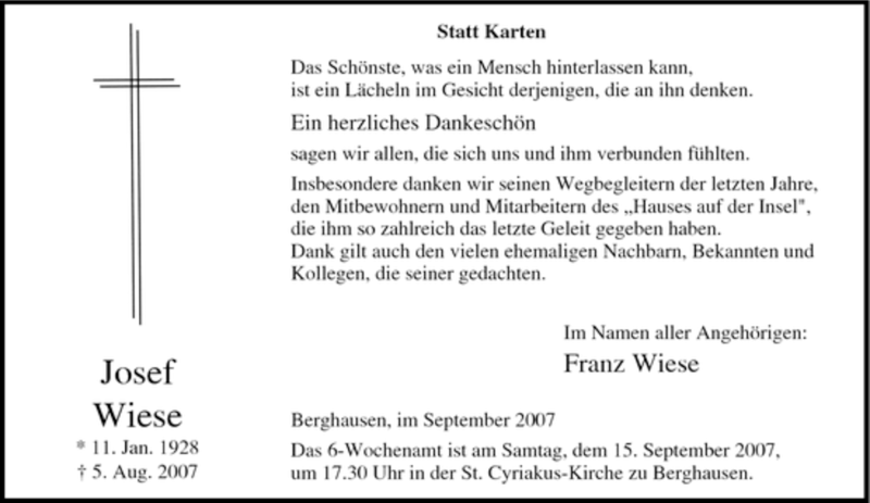  Traueranzeige für Josef Wiese vom 08.09.2007 aus Tageszeitung