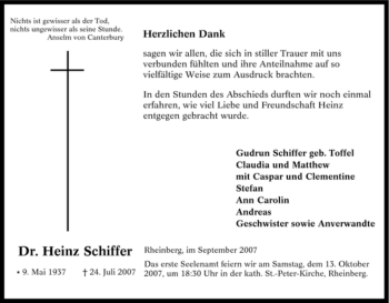 Traueranzeige von Heinz Schiffer von Tageszeitung