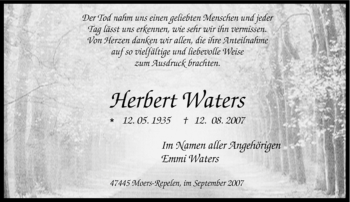 Traueranzeige von Herbert Waters von Tageszeitung