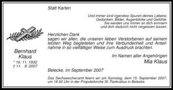 Traueranzeige von Bernhard Klaus von Tageszeitung