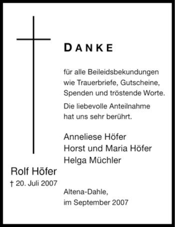Traueranzeige von Rolf Höfer von Tageszeitung