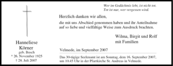 Traueranzeige von Hanneliese Körner von Tageszeitung