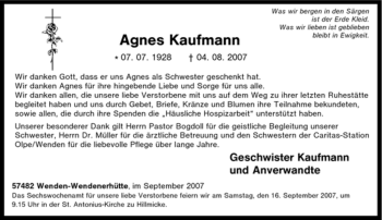 Traueranzeige von Agnes Kaufmann von Tageszeitung