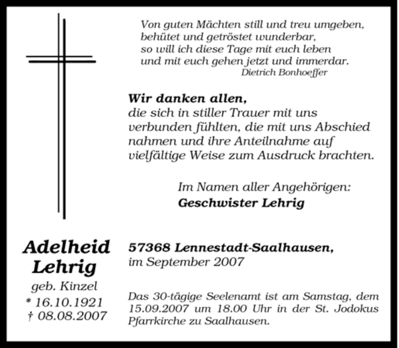  Traueranzeige für Adelheid Lehrig vom 11.09.2007 aus Tageszeitung